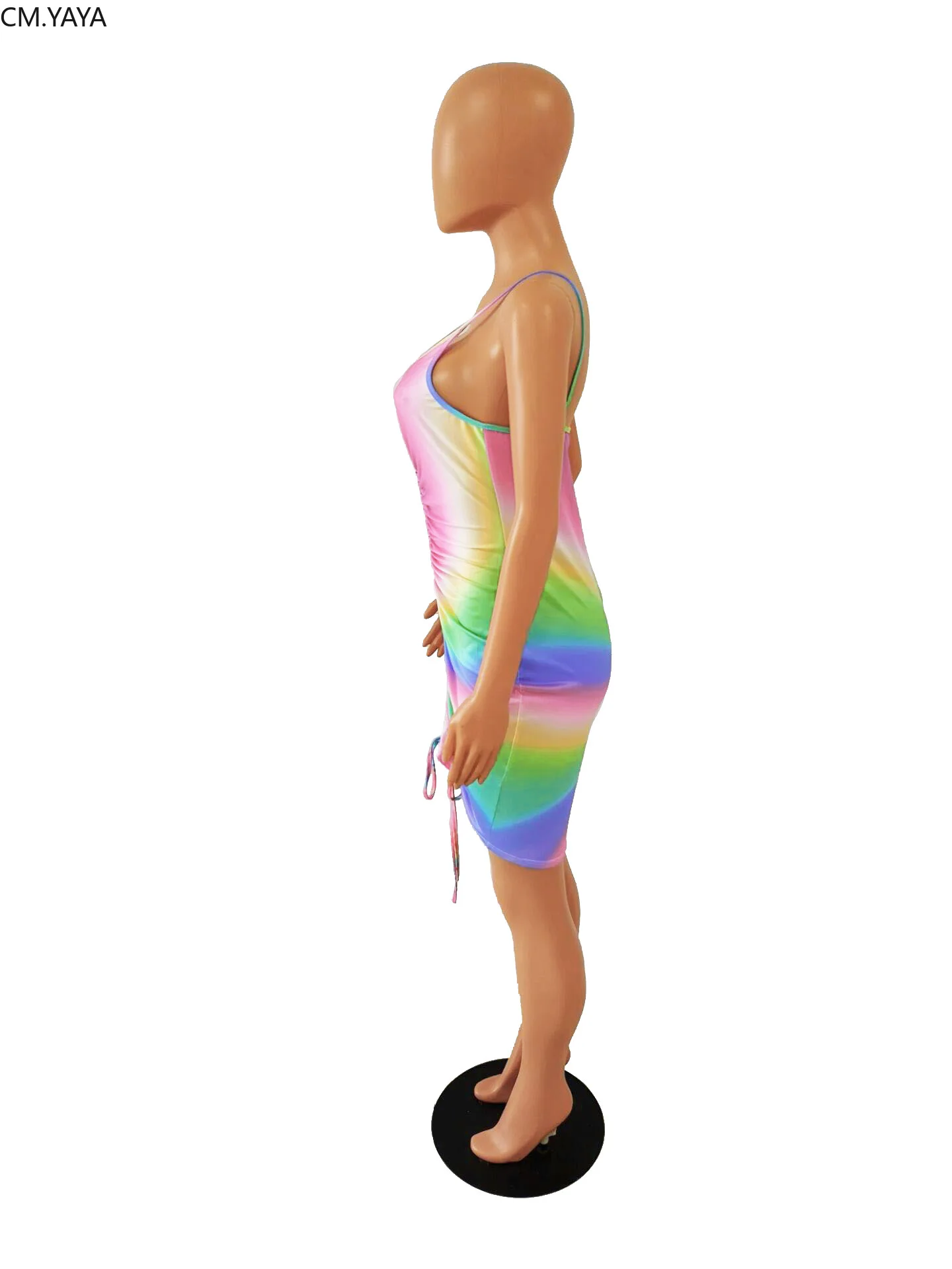 Женское облегающее платье миди без рукавов на бретелях спагетти с радужным