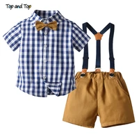 top and top summer children kids boys gentleman clothing set short sleeve shirtsuspenders shorts casual outfit for wedding