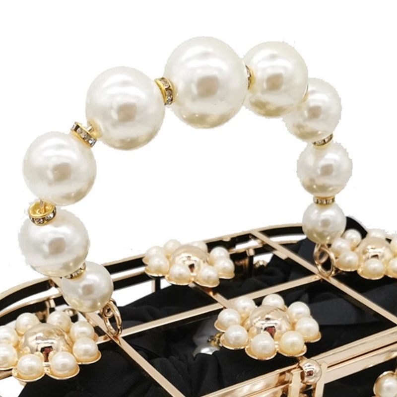 

Pearl Evening Clutch Bag Hollow Out Flowers Beaded Metallic for Women