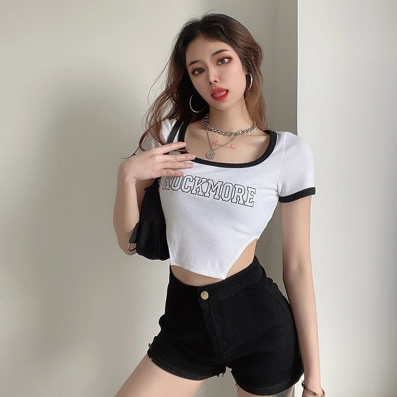 

Adora Letter Printed Crop Tops Women's Patchwork Short Sleeve Square Neck Slim Tees Casual Women Fashion T-shirts