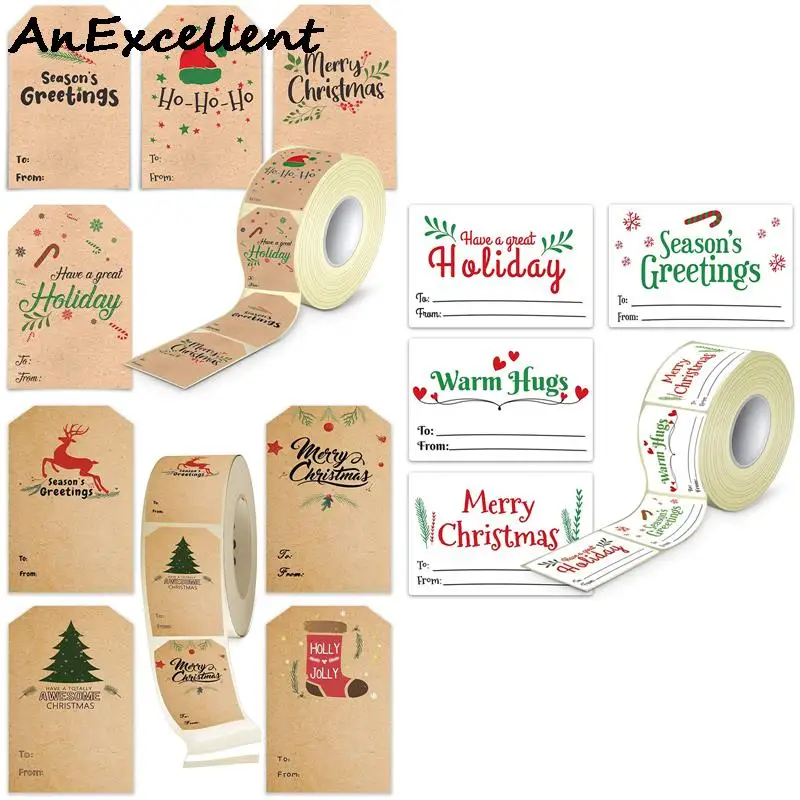 

300pcs/roll 5*7.5cm Merry Christmas Gift Sticker Kraft Paper Handwritten Christmas Tree Elk Label Diy Party Scrapbook Paper
