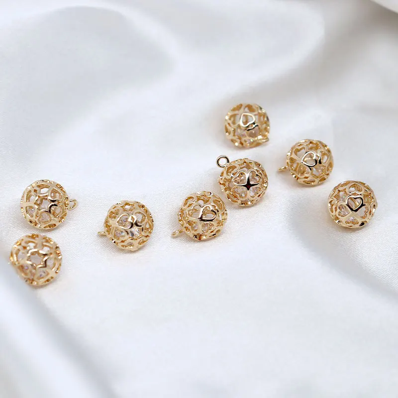 Copper Clad 14K Real Gold Color Preserving Zircon Hollow Love Ball Pendant Pendant Hand Made diy Jewelry Bracelet Accessories