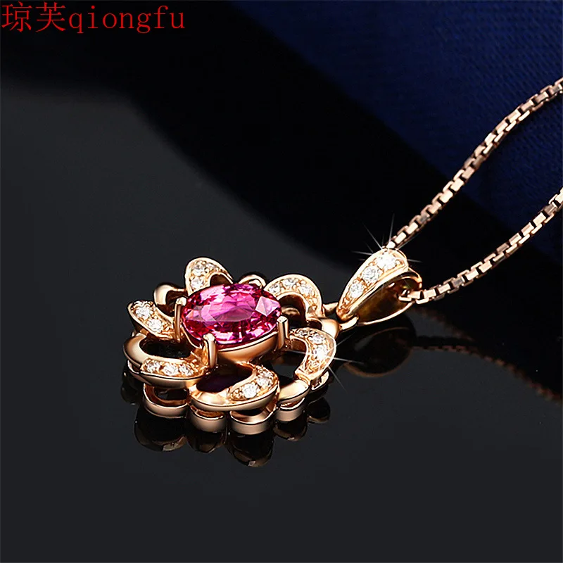 

Korean Fashion Ruby Red Diamond Flower Shape Pendant Hollow Love Heart Shaped Cubic Oxidized Hazel Plating 18K Gold Necklace
