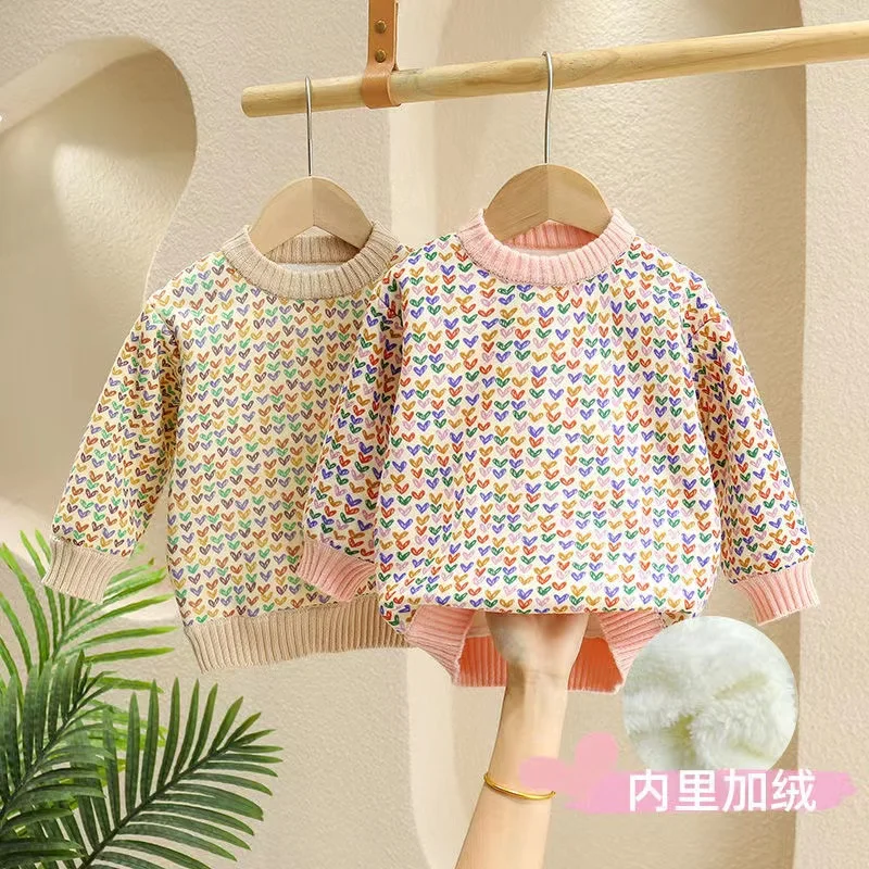 

Осенне-зимние плюшевые свитера для девочек и мальчиков, детские вязаные пуловеры, топы, одежда для малышей с длинным рукавом, теплые утеплен...