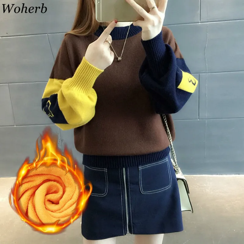 Woherb Harajuku контрастный цвет женский свитер пуловеры Свободные фонари рукав Femme джемпер корейский милый вязаный зимний толстый Одежда