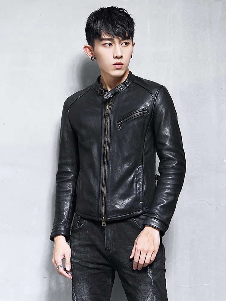 AYUNSUE мужская куртка из натуральной кожи 100% овечья кожа байкерская Мужская