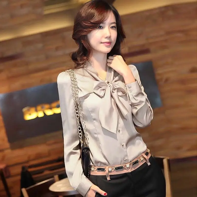 

Vintage Imitation Silk Blouse Long Sleeve Solid Bow Blouse Turn Down Collar Office Shirt Casual Loose Tops Plus Size 3XL Blusas