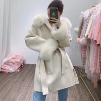 loose hooded wool blended autumn coat women with real fox fur hood trim women long sleeve female wool jacket with hood with fur