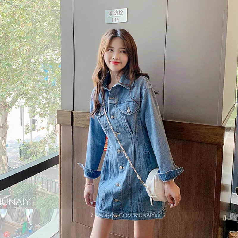 Осенне зимнее женское джинсовое платье Voobuyla с отложным воротником и длинным