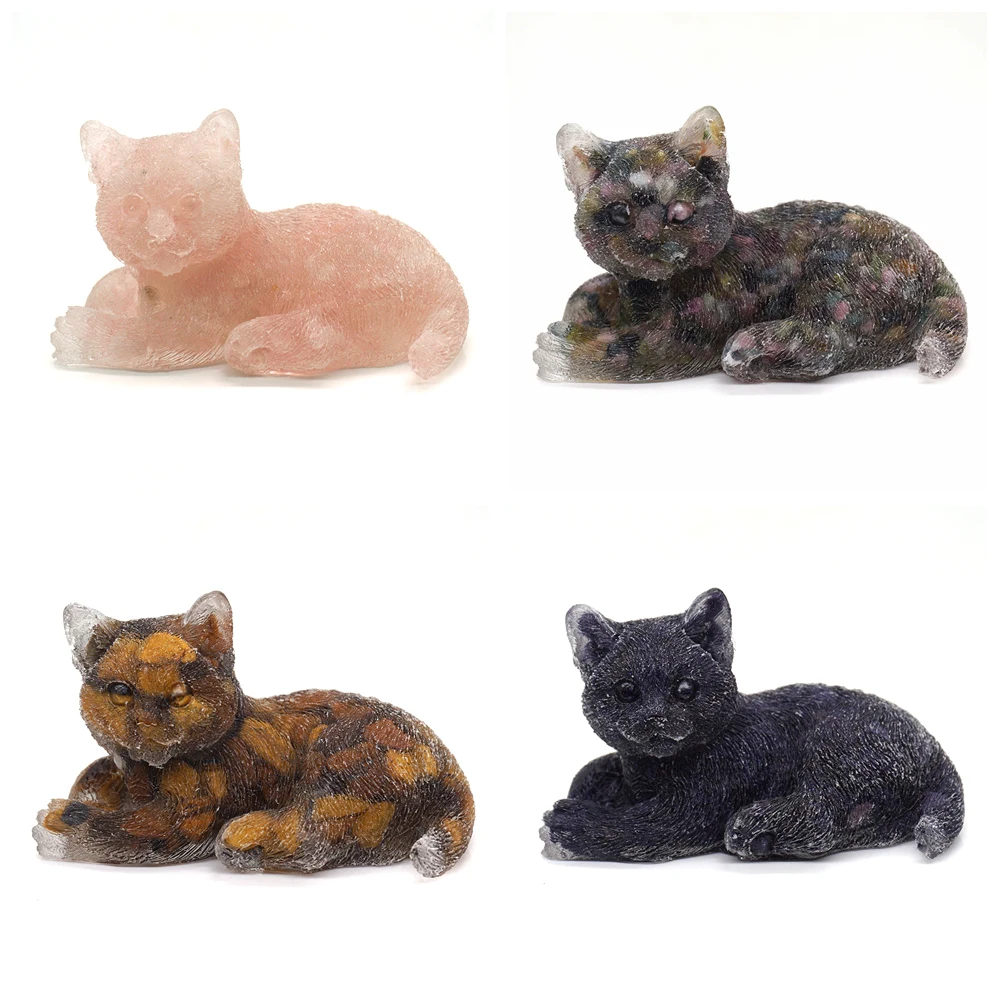 

3.3" Cat Statue Resin Mold Curing Natural Tumbled Gravel Stones Figure Room Ornament Healing Crystal Animal Figurine Home Decor