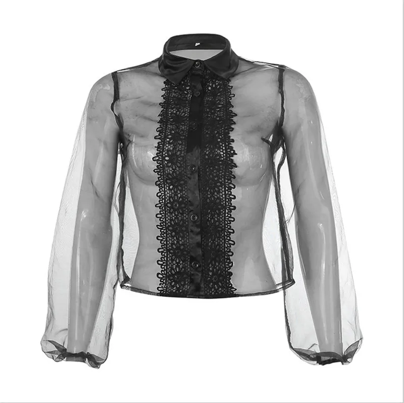 Осенняя шикарная Просвечивающая женская блуза с пышными рукавами в сеточку
