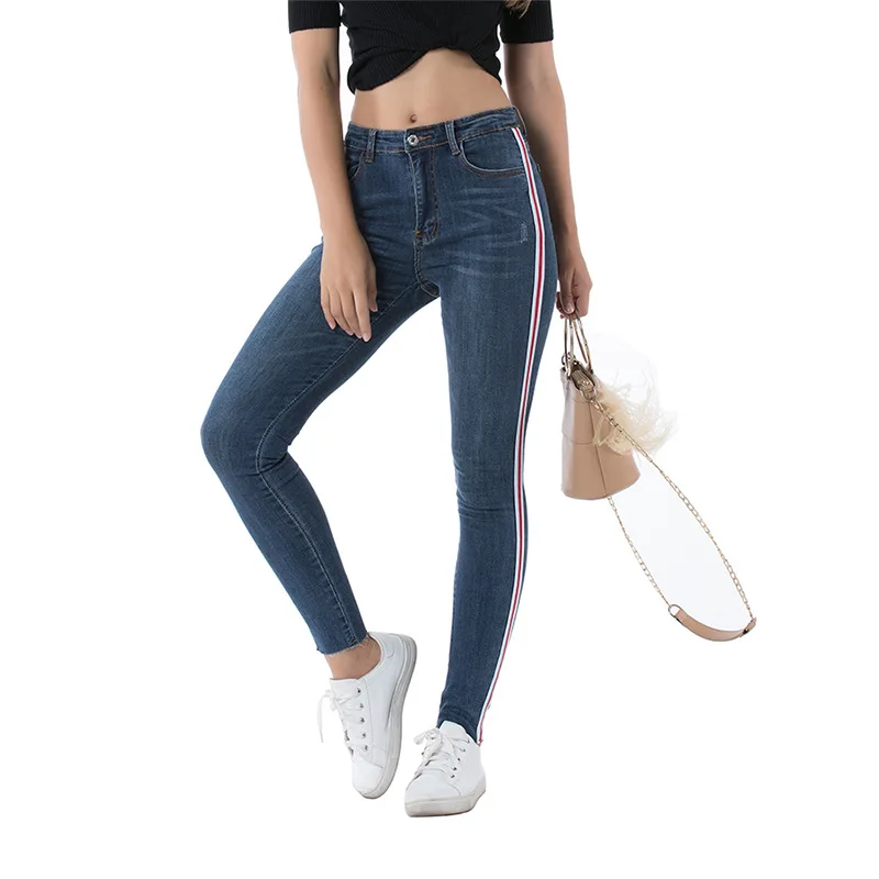 

European and beautiful women's jeans women's jeans ripped elastic washed slim webbing