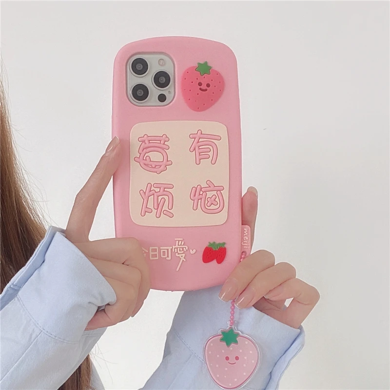 

Super Cute No Worries 3D Strawberry Pink Silicone Phone Case for Iphone 12 11 Pro Max Xr Xs 7 8 Plus X Se 20 Pendant Soft Cover