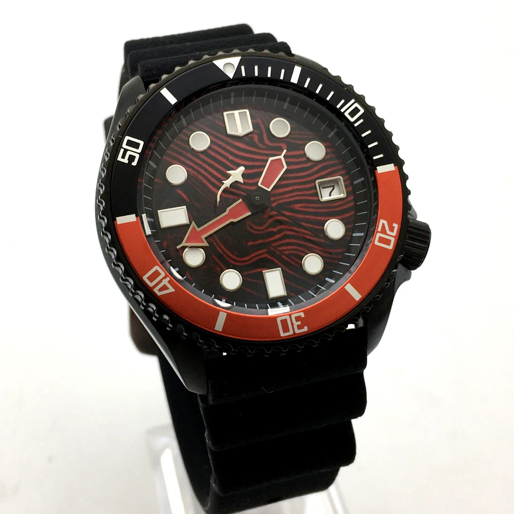 42MM diving watch automatic mechanical male watch NH35A movement aseptic red dial black case strap PARNSRPE s008 enlarge