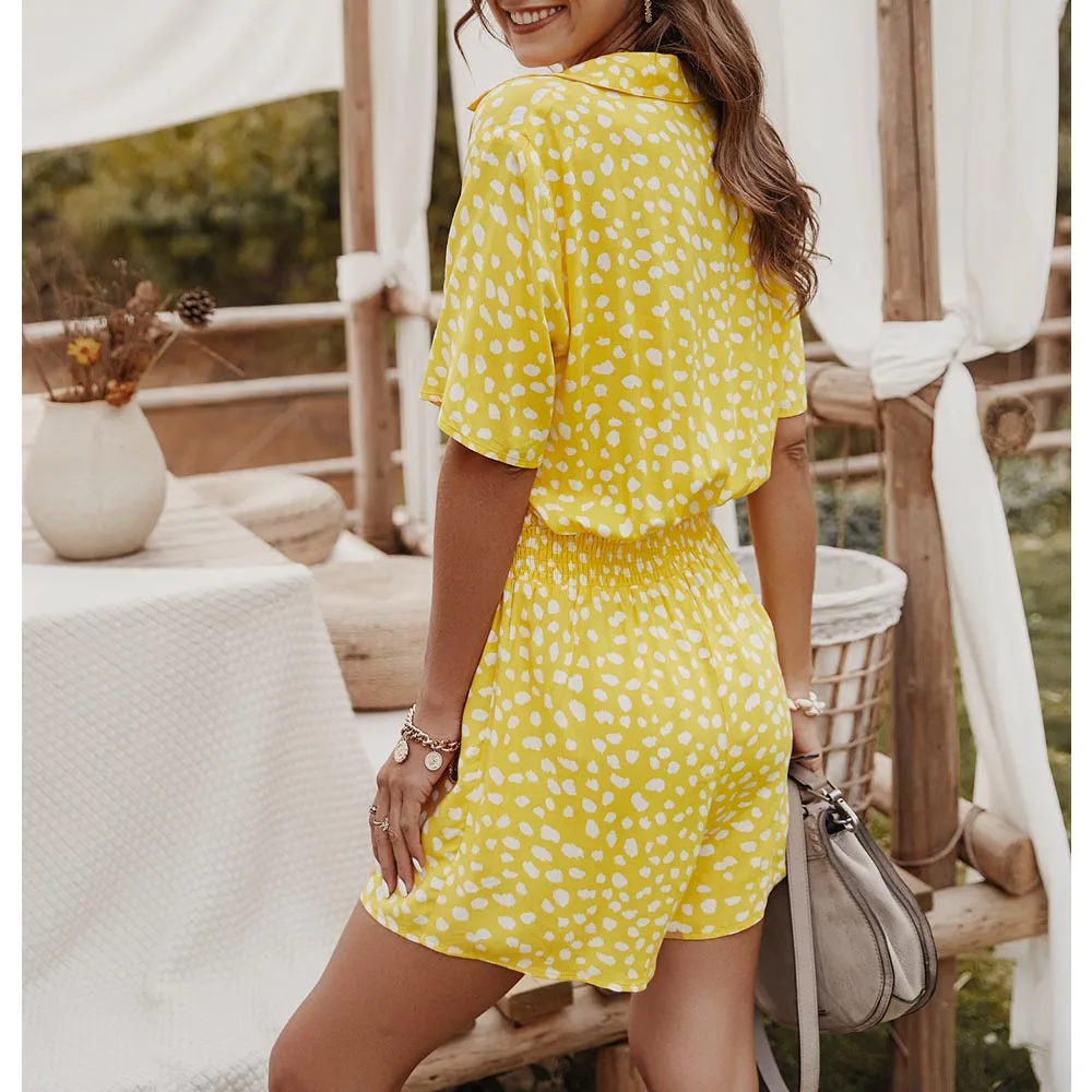 

Women summer Sexy floral Dots Print shirt jumpsuit Casual Loose playsuits Wide Leg shorts Turn down Collar Short sleeve Romper