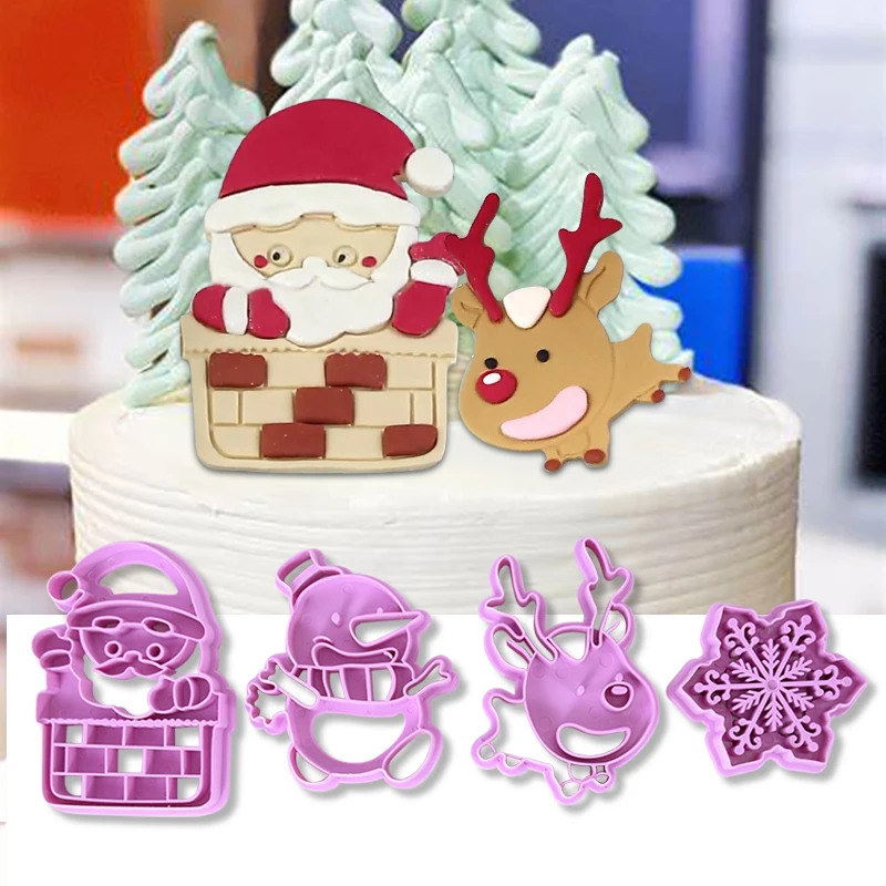 

4pcs/set Christmas Cake Cookie Mold Snowflake Snowman Santa Elk Plunger Mold Biscuit Pastry Cutters 3D Fondant Mould Baking Tool