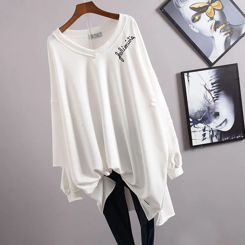 

Women's T-shirt Korean-Style Loose Cotton V-neck Embroidery Long Sleeve Large Size Mid-Length Ripped Bottoming Shirt Top