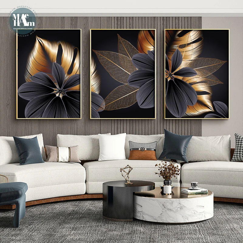 

Nordic Black Golden Plant Leaf Canvas Posters Print Modern Abstract Wall Art Painting Decoration Picture Living Room Home Decor