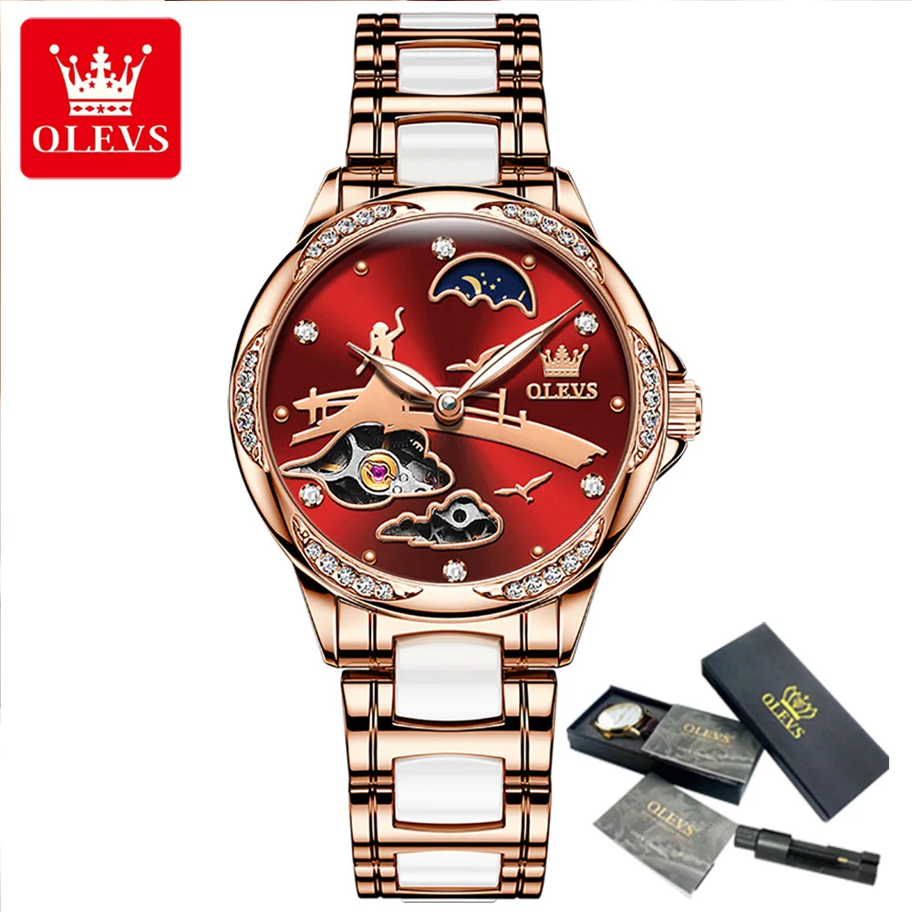 Enlarge OLEVS New Designer Mechanical Watches Women Luxury Top Brand Ceramic Steel Diamond Ladies Automatic Wrist watch Reloj de damas