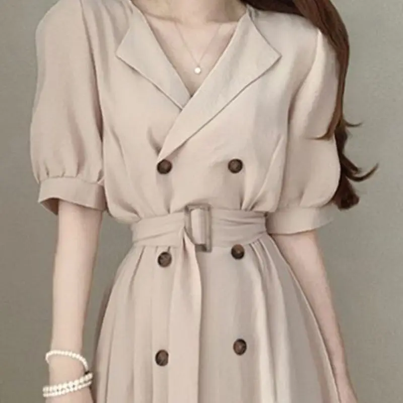 

Summer New Women's Dress Korean Retro Double-Breasted Waist Fluffy Sleeves Long Dress v-Neck With Belt Office Elegant Lady Dress