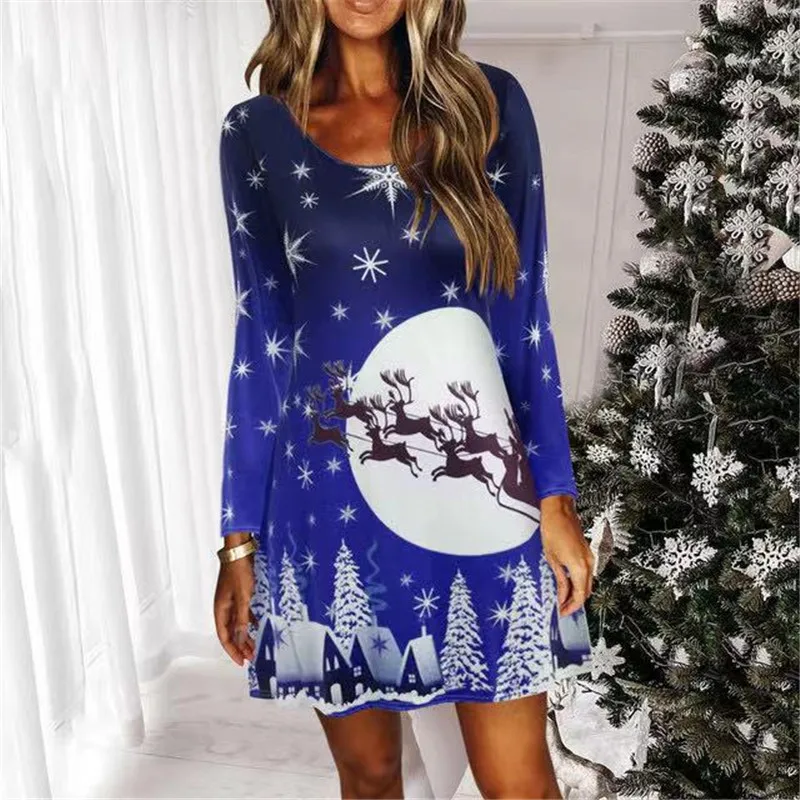 New Year Party Dress 2021 Autumn Winter Women Long Sleeve Print Loose Casual Mini Dress Elegant Sweet Christmas Dresses Vestidos