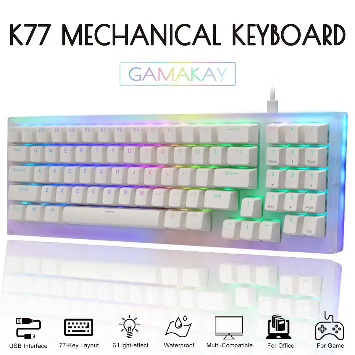 

Игровая клавиатура Gamakay K77, популярная Механическая Проводная клавиатура RGB Tyce-C, переключатель Gateron, NKRO, полупрозрачное стекло, 32K ROM
