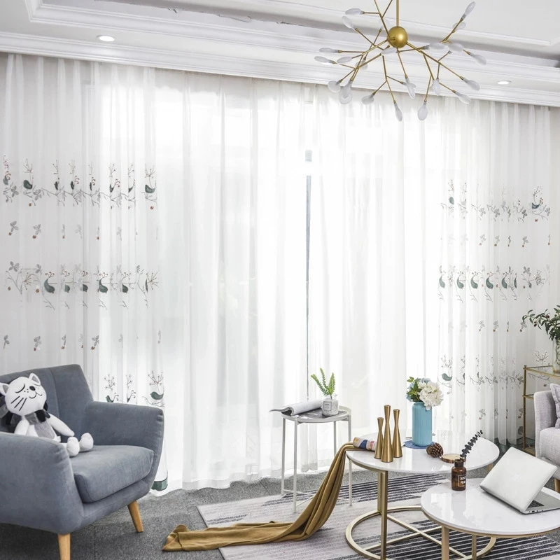 

Italian Cashmere Pastoral Green Bird Embroidery Curtain Child Room Lace Customized White Delicate Curtains Kitchen Tulle M064-6