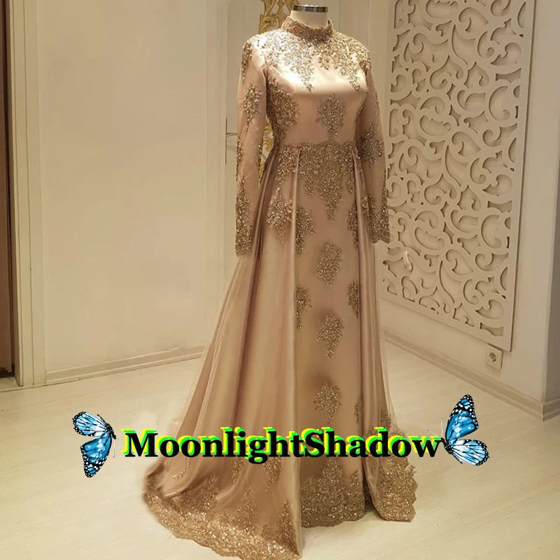 

Champagne Muslim Evening Dress Aline Elegant Dubai Arabic Saudi Arabian Vestidos De Festa Prom Custom Made