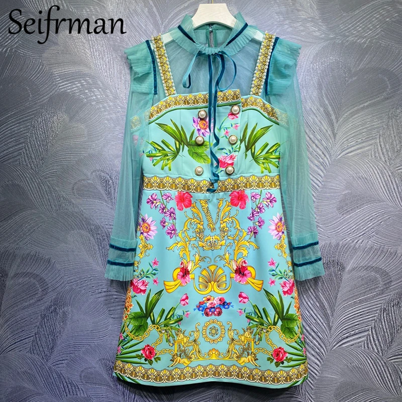 

Seifrmann New 2021 Summer Women Fashion Runway 2 Pieces Set Long Sleeve Mesh Shirts + Sexy Spaghetti Strap Print A-Line Dresses