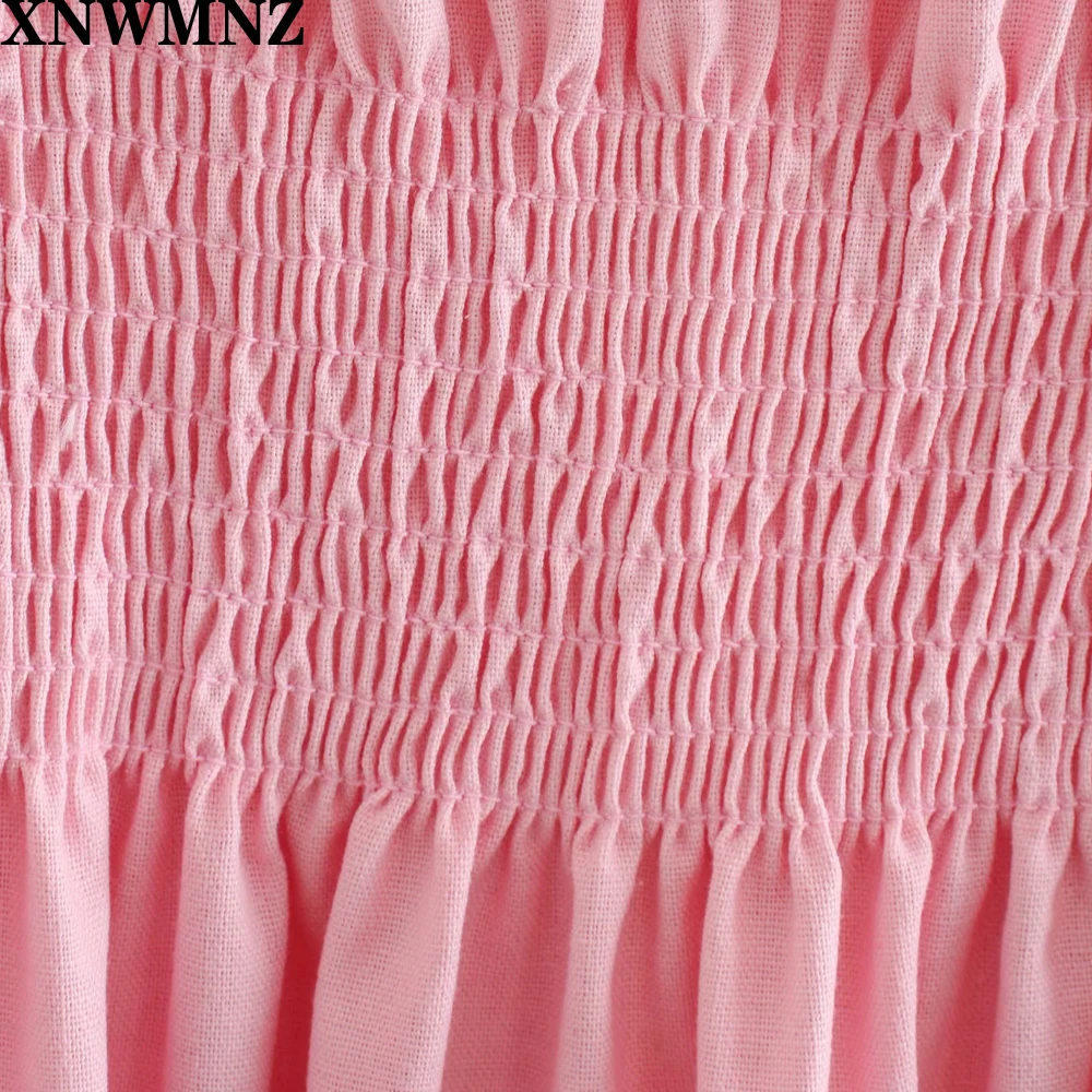 

Za Rustic dress pink linen blend Wide elastic neckline Short ruffled sleeves midi dress Vintage Solid Sexy Off Shoulder Dress