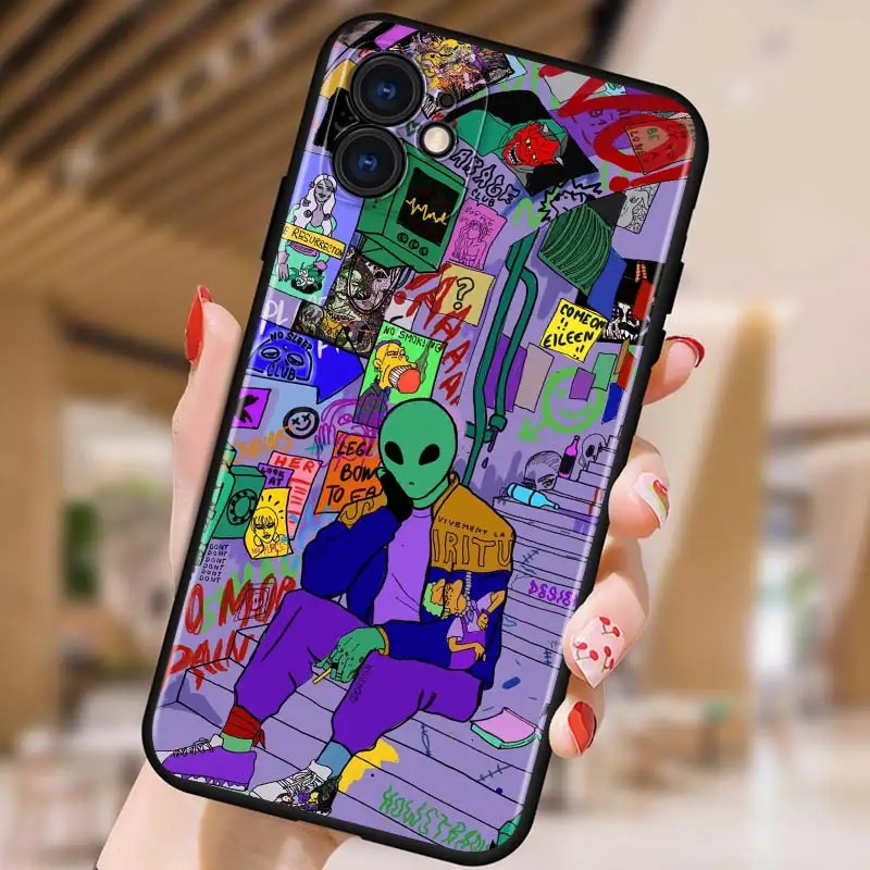 

Aesthetics Cartoon alien space for iPhone 5 5S 6 7 8 X XR XS 11 SE 12 2020 mini Plus Pro MAX TPU Black Soft Cover