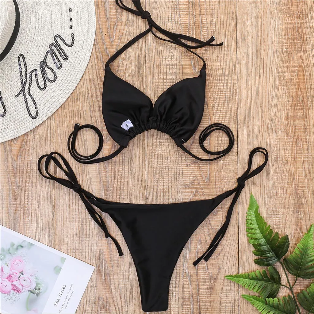 

Women bikini summer fashion all-match solid color low-neck tube top push up sling open back tight fitting slim bikini split suit