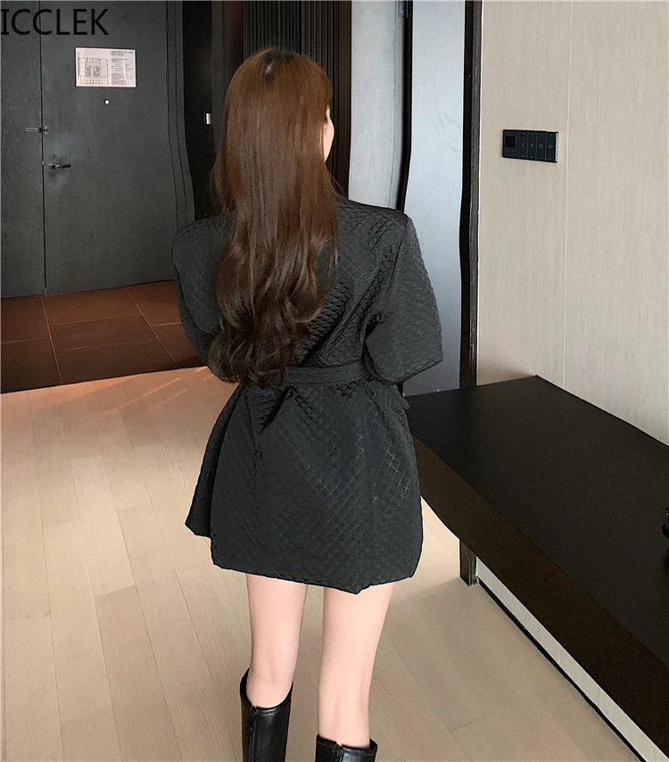 

ICCLEK Autumn Women Retro Diamond Plaid Loose Temperament Slim Waist Office Streetwear Blazer Jacket with Belt