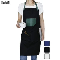 korean version fashion pu leather strap oilproof restaurant adult solid color cotton thick sleeveless apron with double pockets