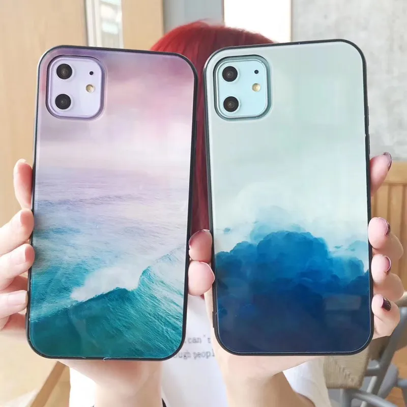

Blue Sea Mountain Glass Phone Case For iPhone11 XSMAX 78PLUS SE2020 soft Cover XR 6S Glossy Skinny Shell Body Protection