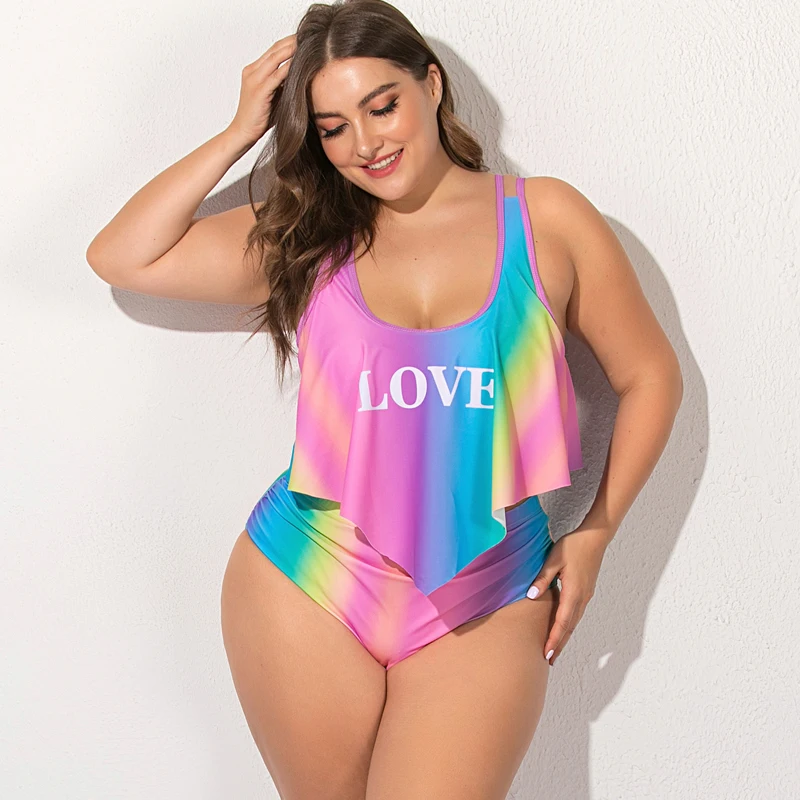 

2020 Summer Plus Size Two Pieces Women's Bikinis Set Letter Printed Ruffle Big Size Swimsuit Large Female Swimming Suits 5XL
