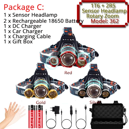 Package C Светодиодный налобный фонарь 3000лм с ИК-датчиком, T6, Головной фонарь с громкой связью, фонарь для движения тела, 18650 налобный фонарь, водонепроницаемая лампа для рыбалки - Испускаемый цвет: Package C
