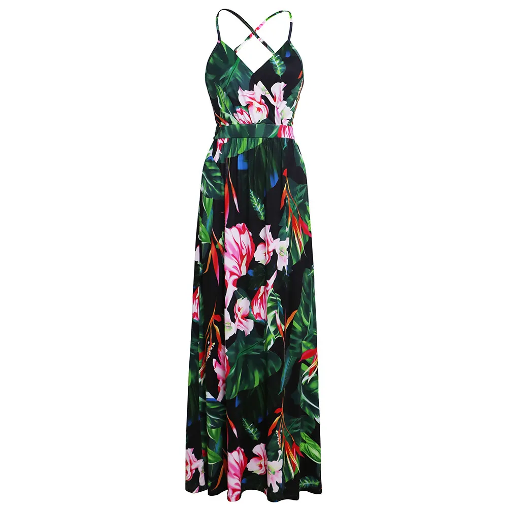 

Multicolor Tropical Jungle Leaf Boho Long Dress Sling Cross Back Women V neck 2019 Party Night Elegant Sexy Maxi Summer Dresses