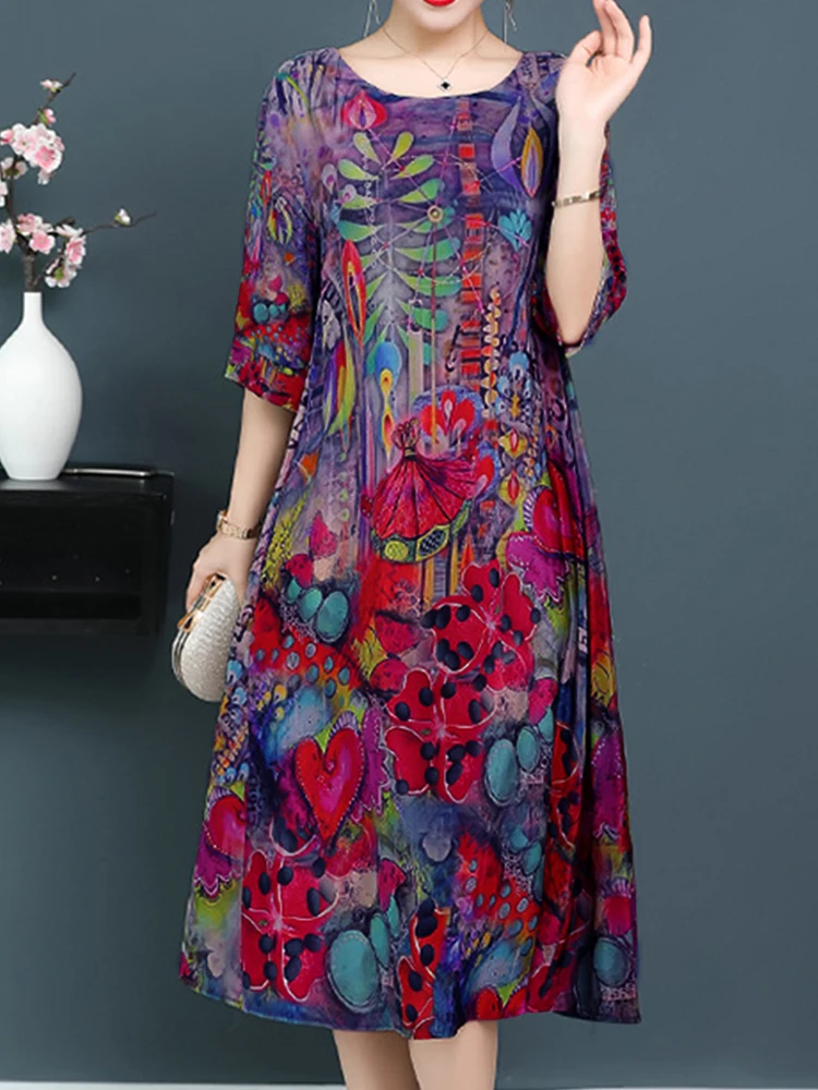 Женское платье с принтом свободного размера плюс Повседневное круглым вырезом и