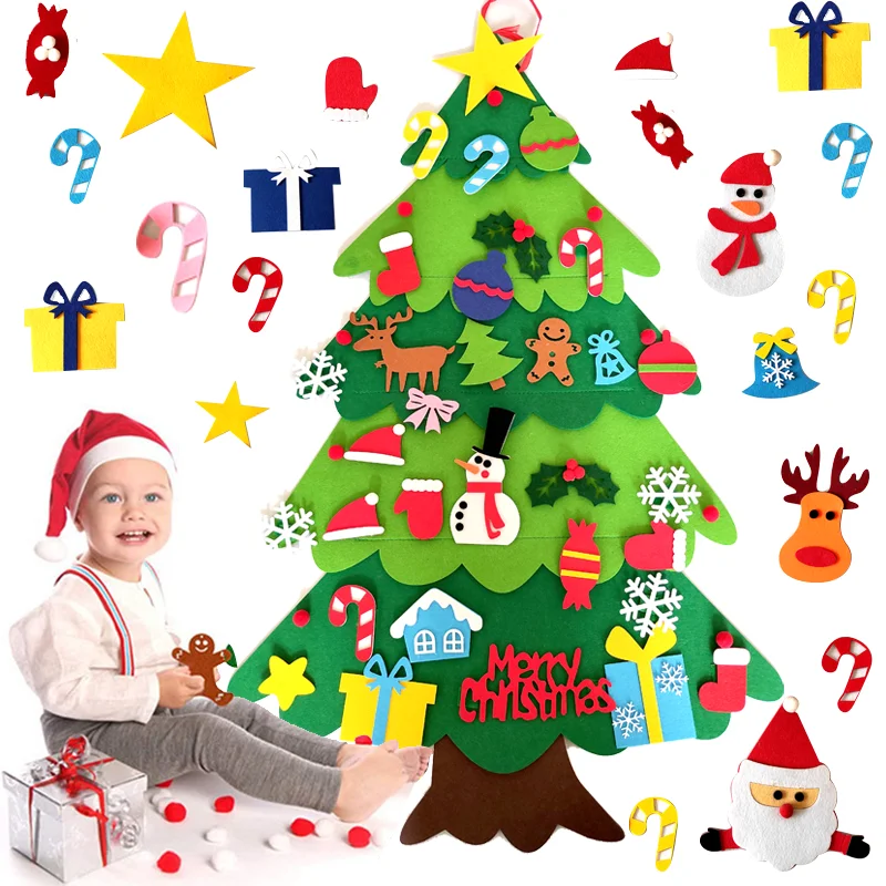 

Home Decoration DIY Felt Christmas Tree Wall Hanging Artificial Xmas Tree with Santa Claus Snowflakes Ornament New Year Kid Gift