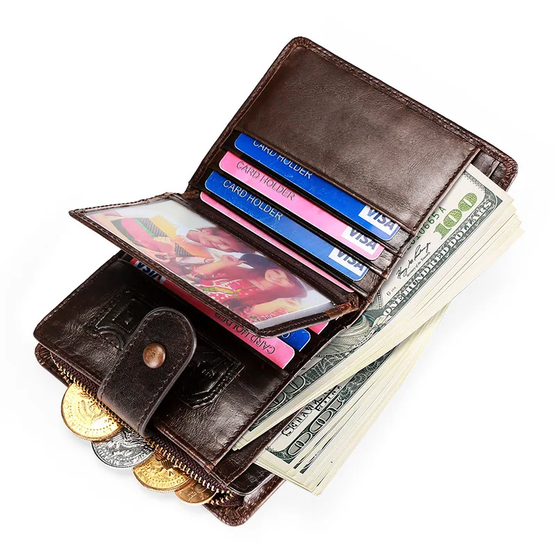 

genuine leather RFID vintage wallet men with coin pocket short wallets small zipper walet with card holders man purse