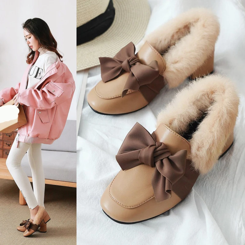 XZ079 зимняя обувь женская меховая с бантиком из бархата кроличьим мехом женские