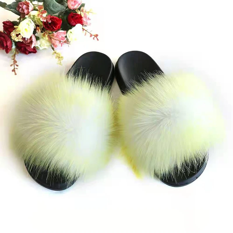 

2021 New Sexy Faux Fur Slippers Women Furry Fluffy Slippers Outdoor Indoor Home Flat Shoes Female Casual Flops Slides TX406