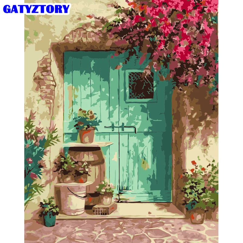 

GATYZTORY Diy Paint By Numbers For Adults Flower Door Hand Paind Kit Canvas Painting By Numbers Scenery Oil Painting For Home