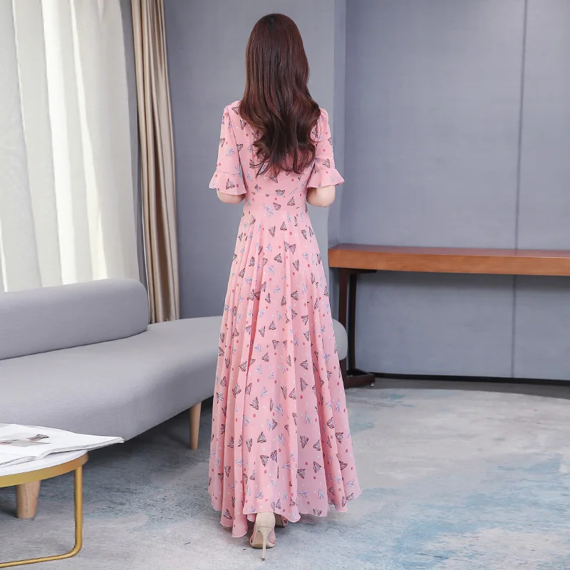 

Summer Maxi Dress New Fashion Women Pink Print Sexy V-neck Thin Chiffon Boho 4XL Tropical Party Elegant Runway Dresses Vestidos