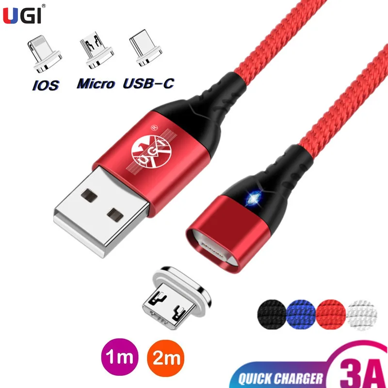 UGI 3A Быстрый Магнитный зарядный кабель Micro USB Type C IOS для Android мобильного телефона 1/2