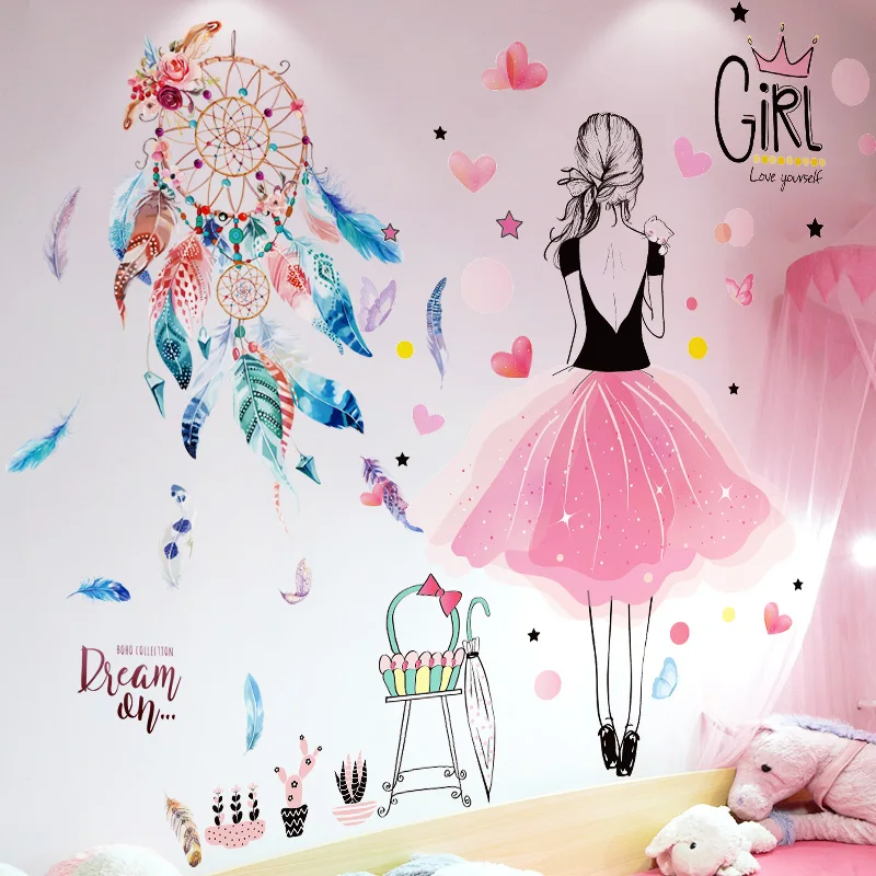 

Cartoon Girl Wall Stickers DIY Dreamcatcher Feathers Wall Decals for Kids Rooms Baby Bedroom Children Nursery Home Decoration