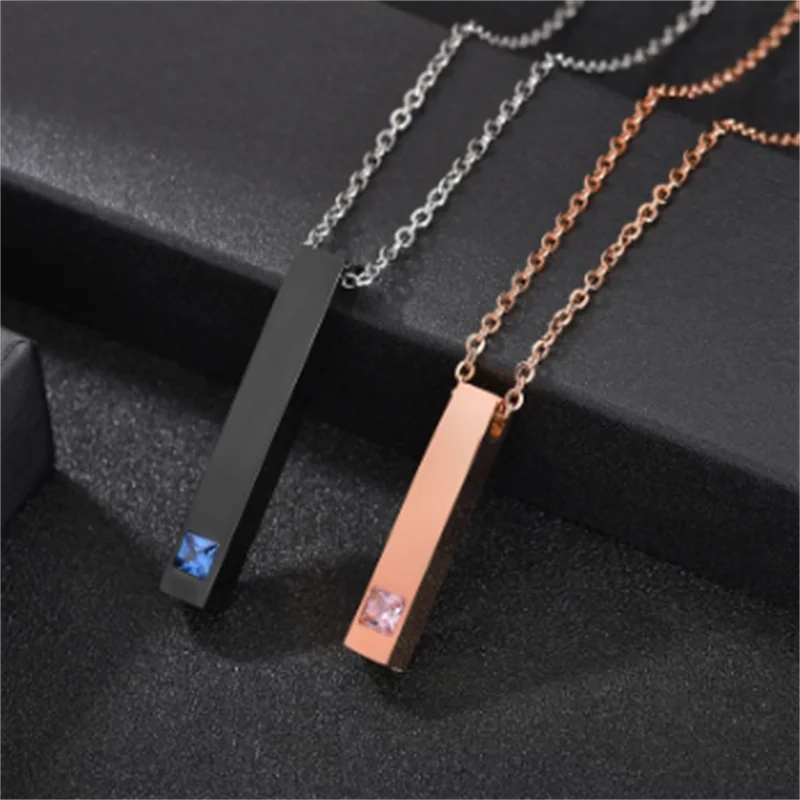 

Carved stainless steel vertical bar name couple custom spirit necklace personalized blue pink stone female and male Wholesale