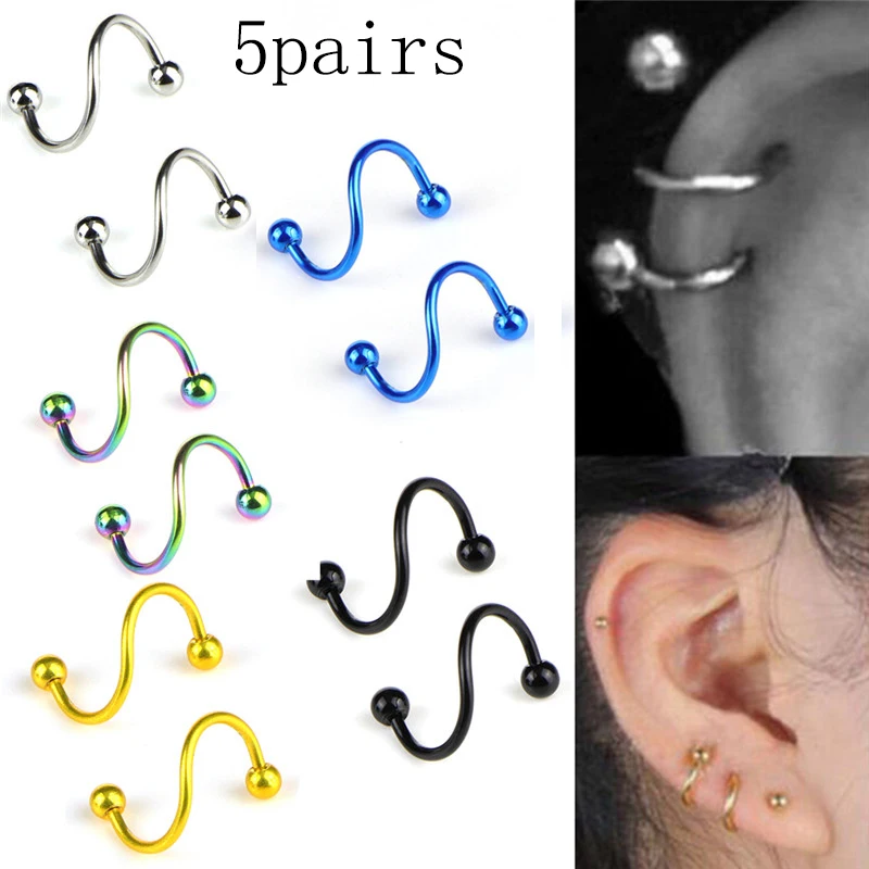 

1 pair S Shape Surgical Steel Spiral Twisted Lip Ring Nose Rings 16 Gauge Ear Cartilage Helix Piercing Body Accessories