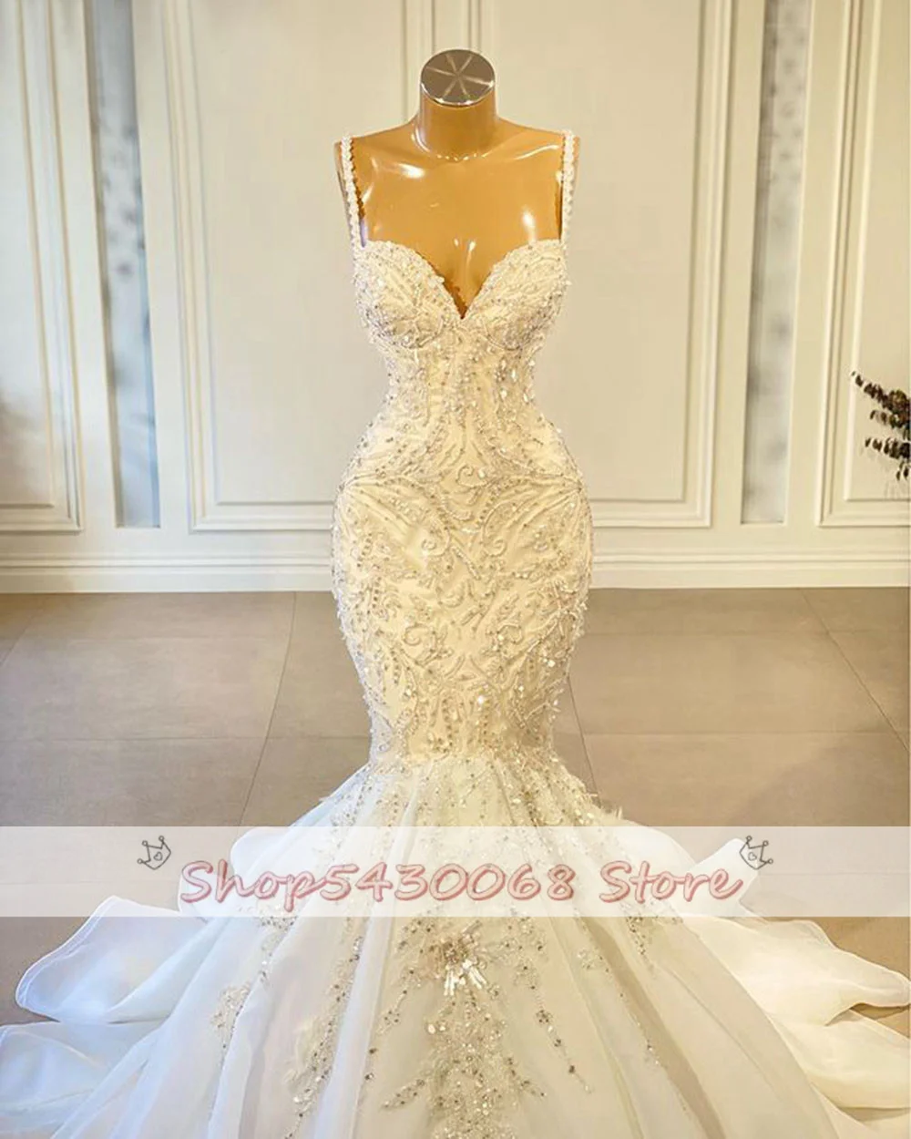 Luxury Mermaid African Women Wedding Dresses 2023 Beaded Embroidery Sexy White Vintage Lace Organza Bridal Wedding Gown 2